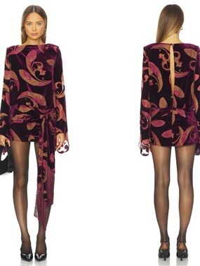 RETROFETE Thesaly Long Sleeve Belted Fringe Velvet Dark Paisley Mini Dress Sz S